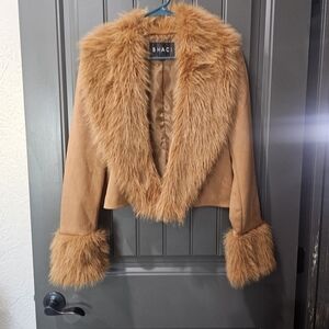 Chic Tan Teddy Jacket with Faux Fur Trim